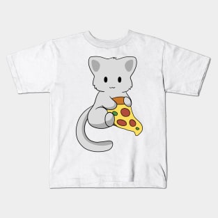 Grey Cat with Pizza Kids T-Shirt